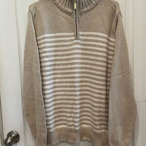 Karen Scott Beige and Cream Striped Half-Zip Sweater